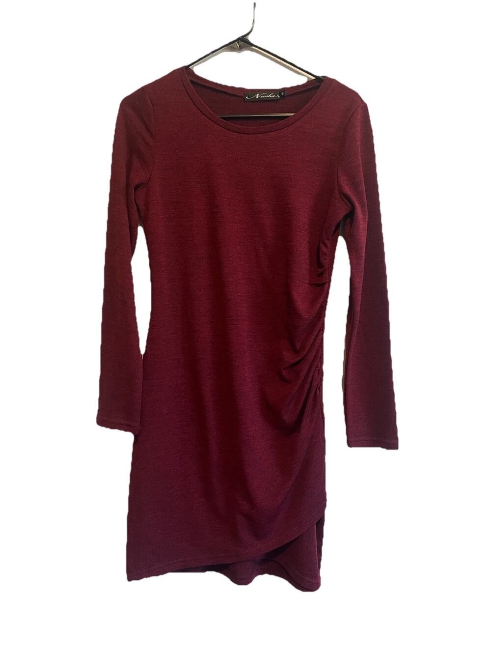 Neesha Women S Burgundy Ruched Side Long Sleeve Sheath Dress Asymmetrical Hem